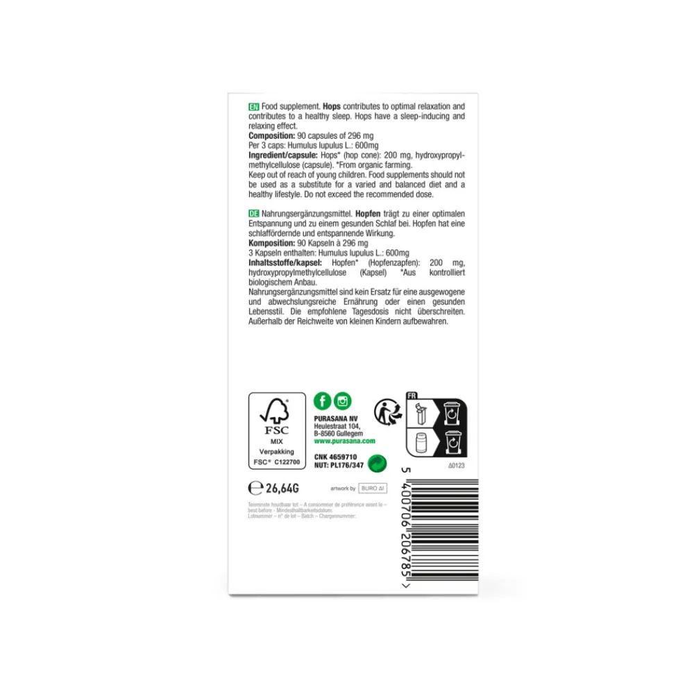 Rustgevend & Slapen<Purasana 2x Hop 200 mg 90 Vegacapsules