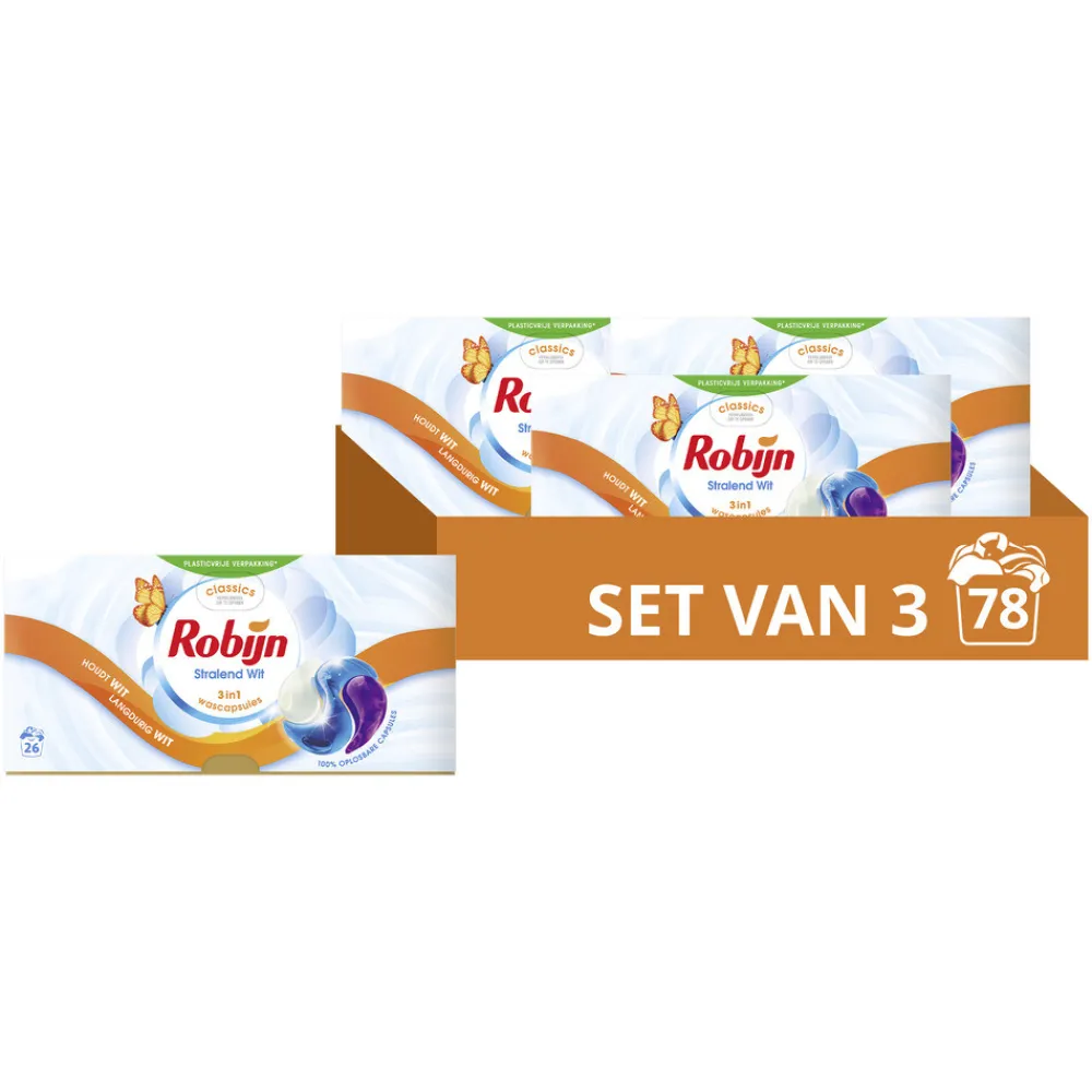 3x Wascapsules 3-in-1 Stralend Wit 26 stuks^Robijn