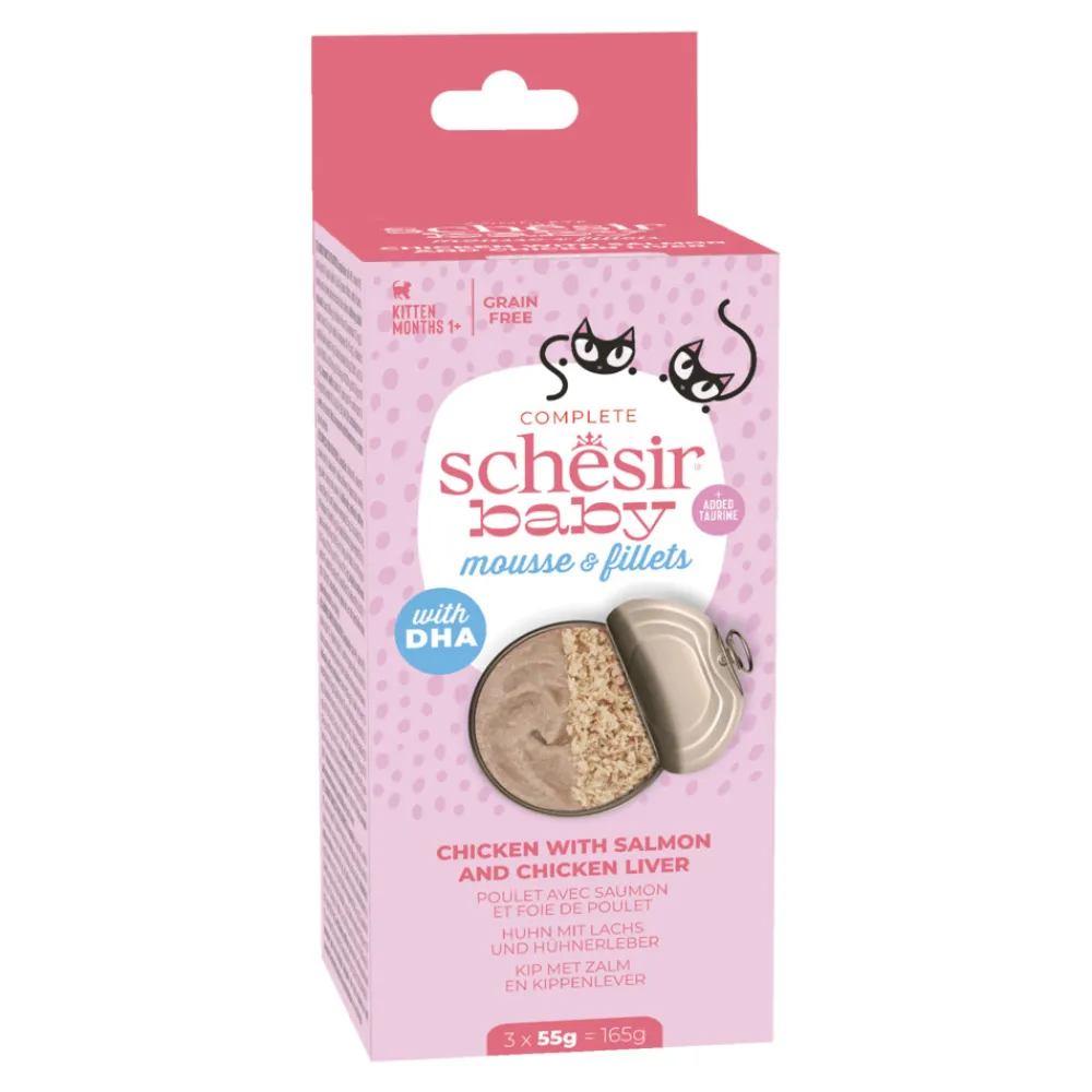 Kattenvoer<Schesir 12x Baby Kitten Mousse & Filets Kip & Zalm & Kippenlever 3 x 55 gr