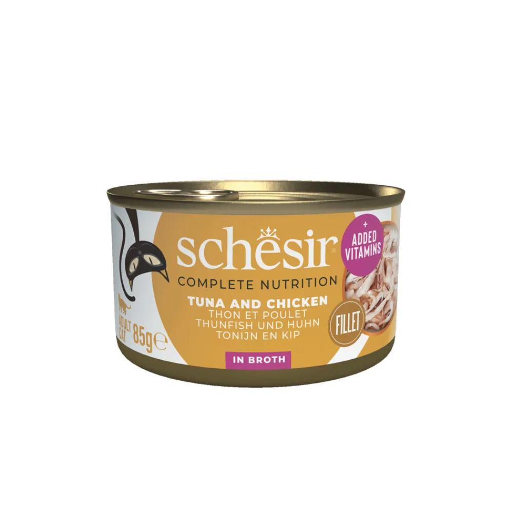 Kattenvoer<Schesir 12x Complete & Balanced Kattenvoer Tonijn en Kip in Boullion 85 gr