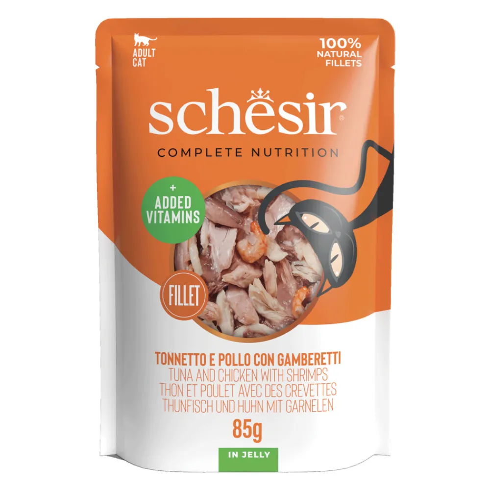 Kattenvoer<Schesir 12x Kattenvoer Tonijn - Kip - Garnaal in Gelei 85 gr