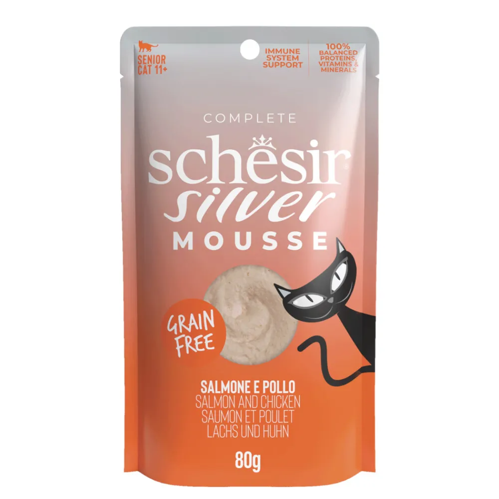 Kattenvoer<Schesir 12x Silver Kat Mousse Zalm 80 gr