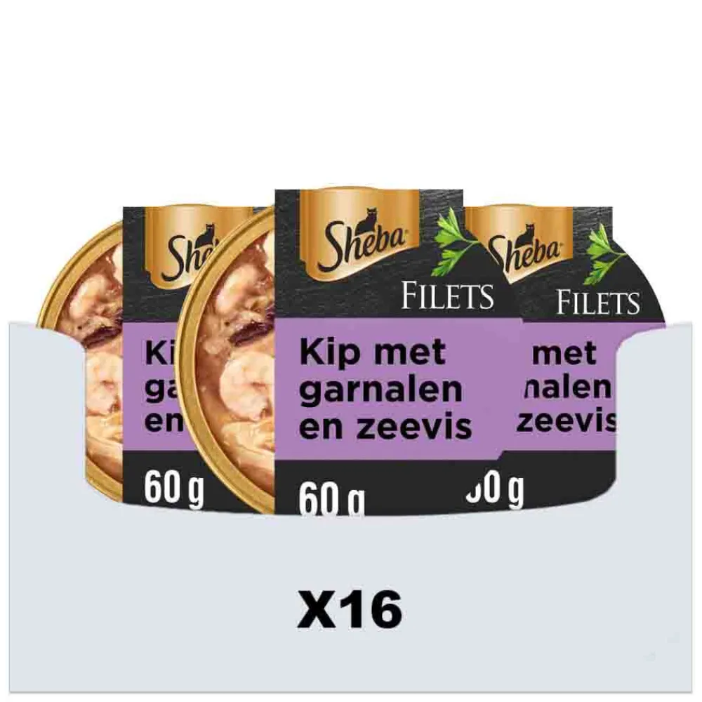 New 16x Filets Kattenvoer Natvoer Garnaal & Oceaanvis & Kip in Saus 60 gr Kattenvoer
