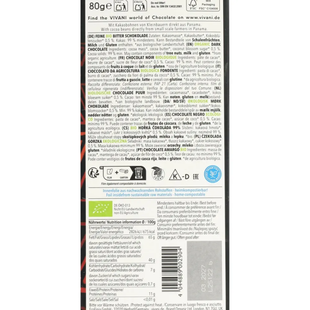 Chocolade<Vivani 10x Chocolade Feine Bitter 99% Cacao 80 gr