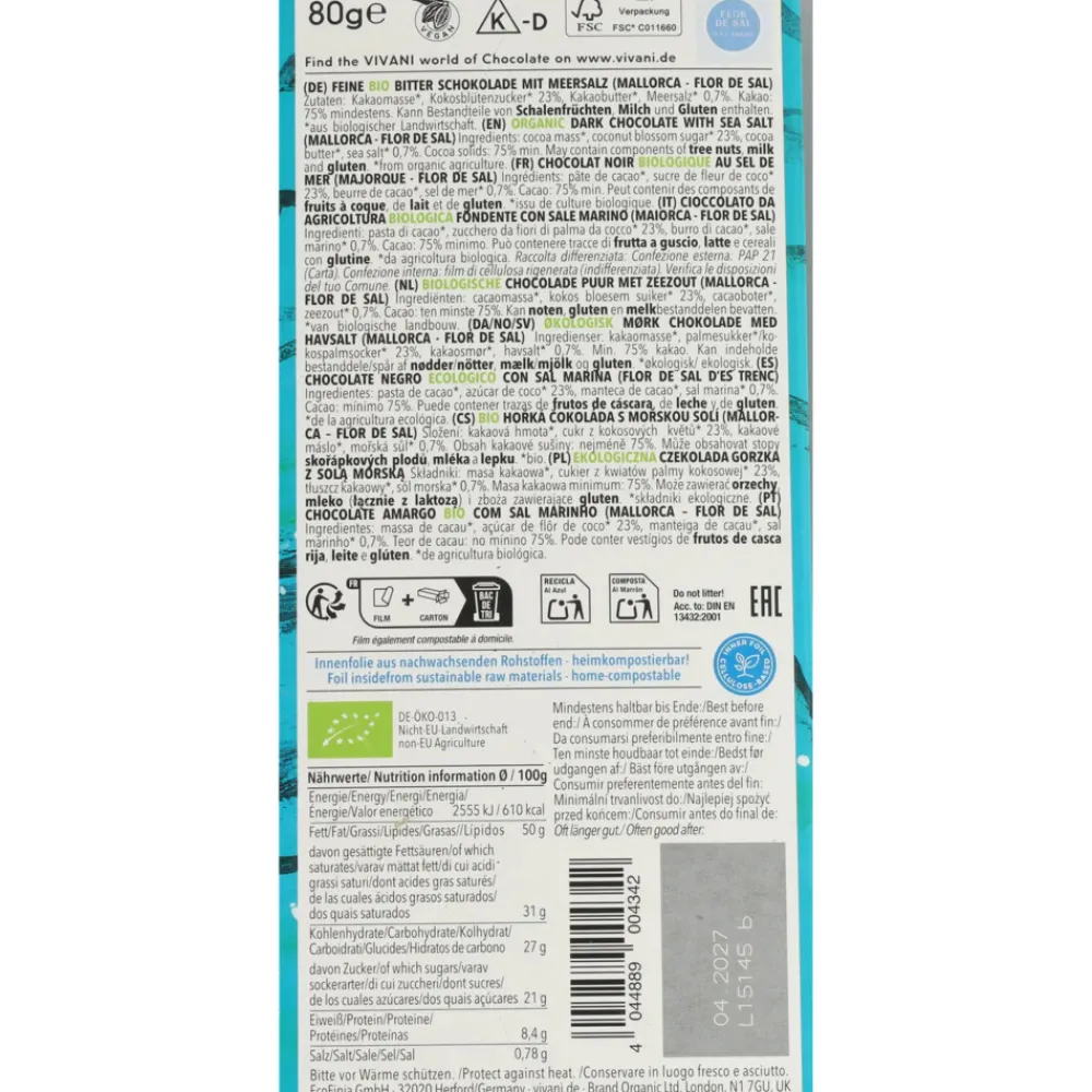 Chocolade<Vivani 10x Chocoladereep Puur Zeezout 80 gr