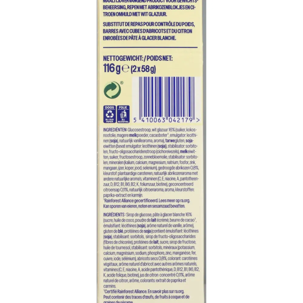 Clearance 3x Meal Replacement Bars Abricot Lemon 116 gr Snacks & Tussendoortjes