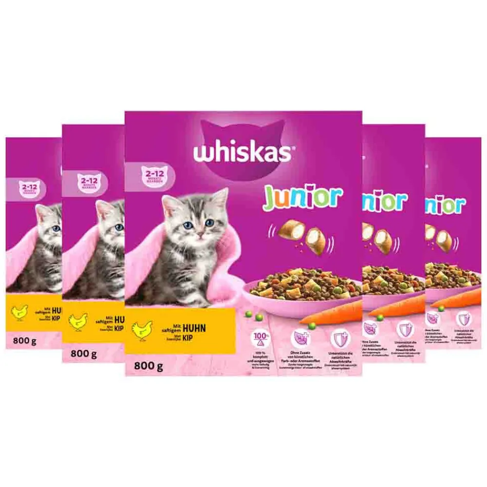Kattenvoer<Whiskas 5x Junior Kattenbrokken Kip 800 gr