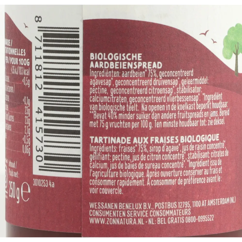 Siropen & Zoetstoffen|Beleg<Zonnatura 3x Fruitspread Aardbei Biologisch 250 gr