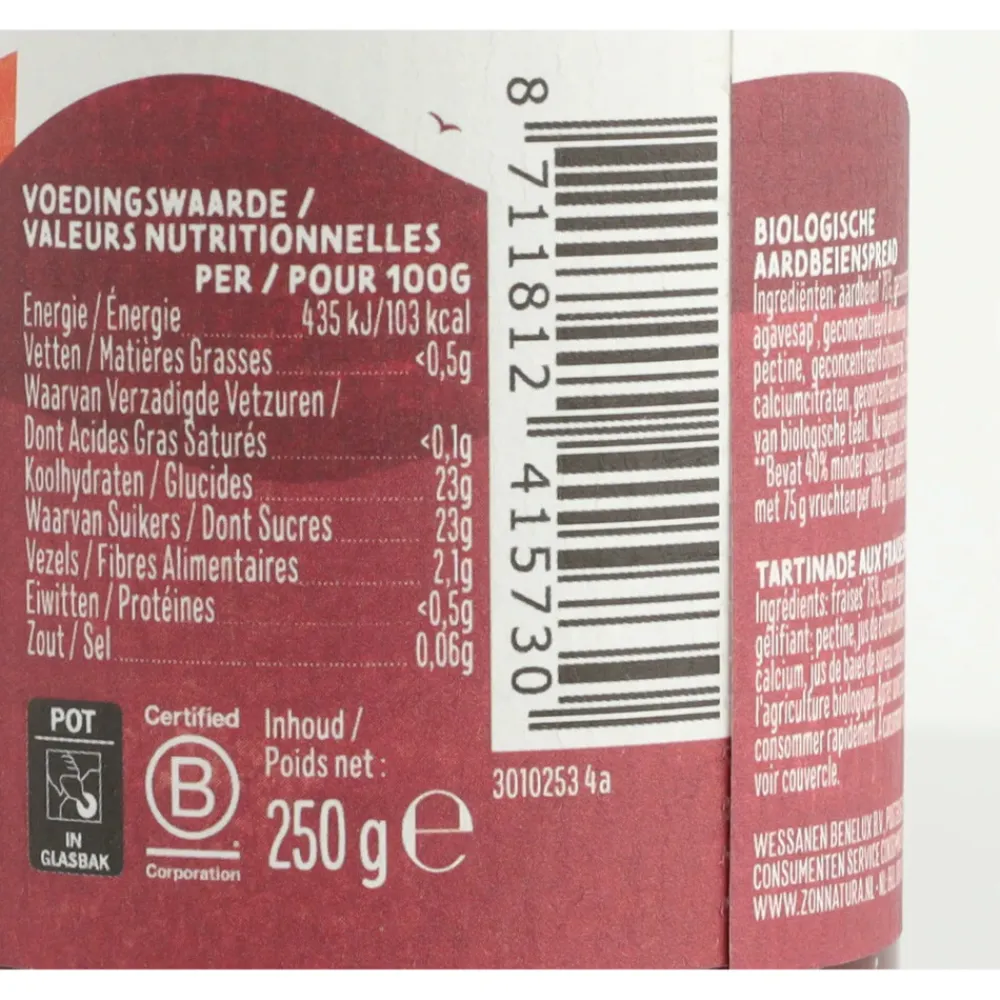 Siropen & Zoetstoffen|Beleg<Zonnatura 3x Fruitspread Aardbei Biologisch 250 gr