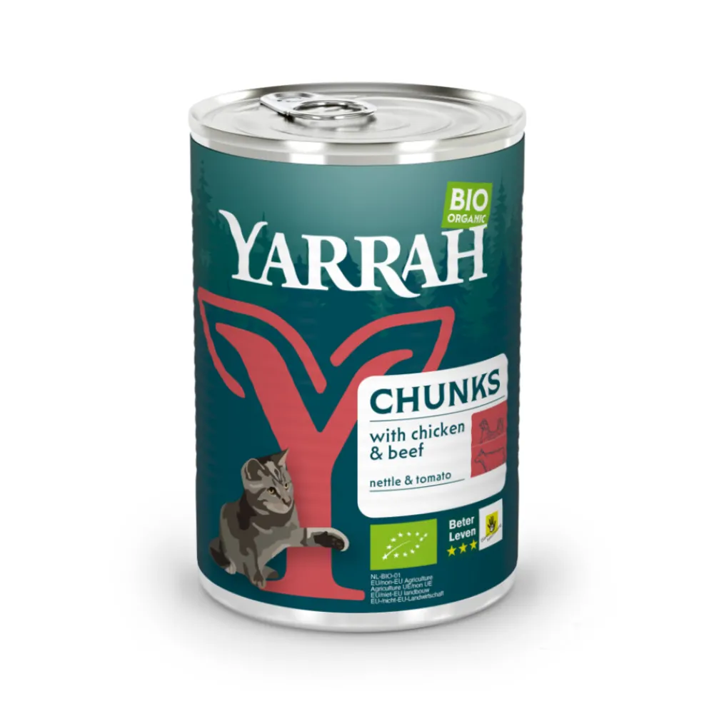 Kattenvoer<Yarrah Bio Kattenvoer Chunks Kip & Rund 405 gr