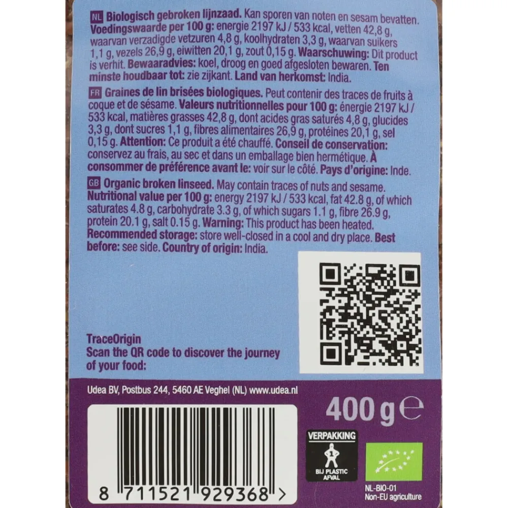 Zaden<Your Organic Nature Gebroken Lijnzaad Bio 400 gr